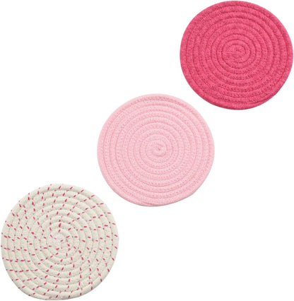 Kitchen Potholders Set Trivets Set 100% Pure Cotton Thread Weave Hot Pot Holders Set (Set of 3) Stylish Coasters, Hot Pads, Hot Mats, Spoon Rest For Cooking and Baking by Diameter 7 Inches (Pink)
