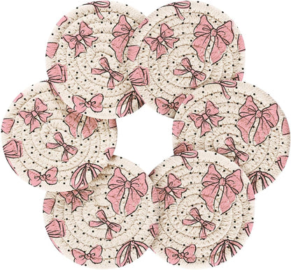 Bow Pink 6 Pcs Drink Coasters with Holder, Cotton Woven Absorbent Heat-Resistant Round Coaster Non-Slip Table Mat for Kitchen Bar Home Decor Housewarming Gift, 3.9 in