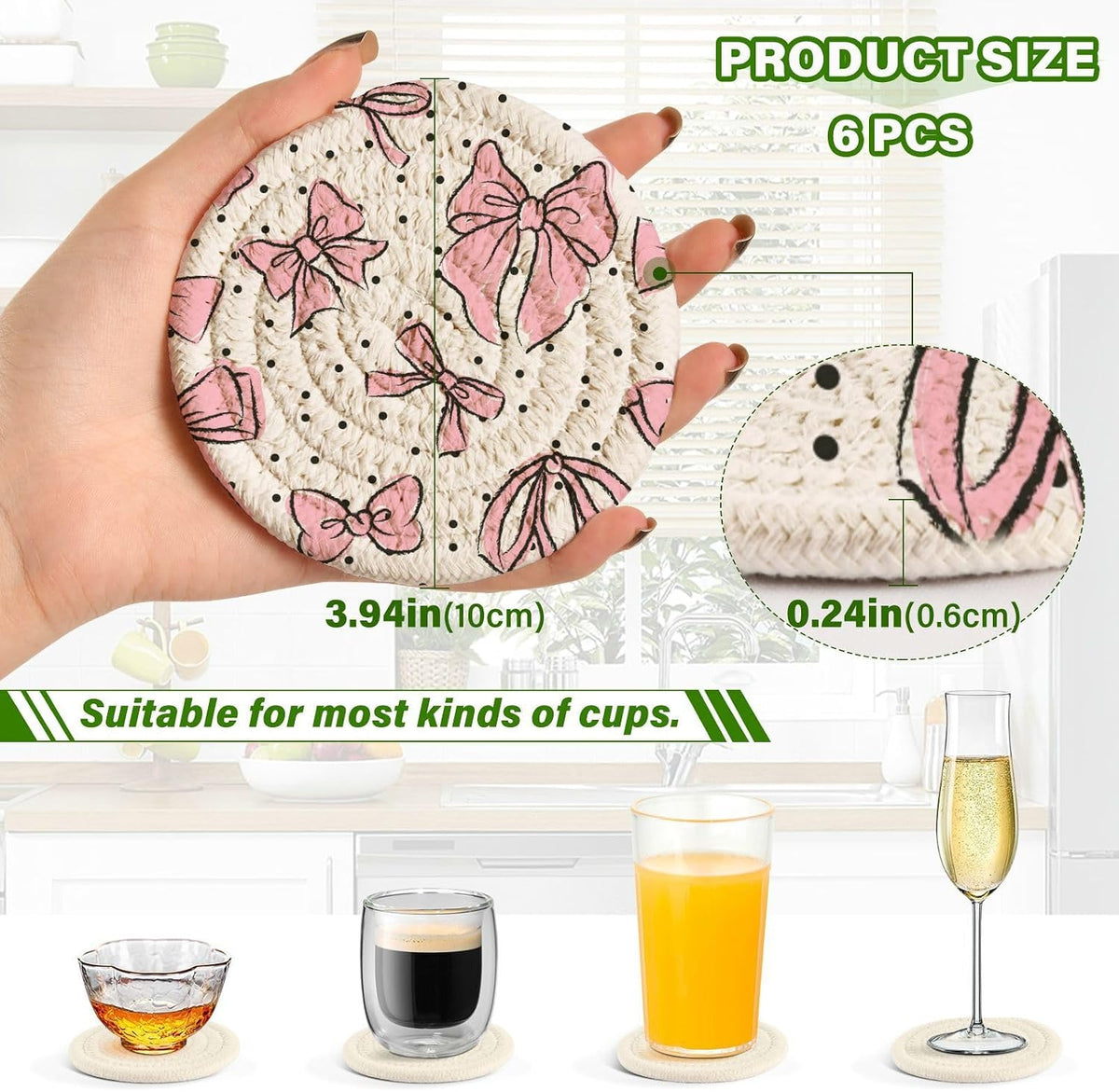 Bow Pink 6 Pcs Drink Coasters with Holder, Cotton Woven Absorbent Heat-Resistant Round Coaster Non-Slip Table Mat for Kitchen Bar Home Decor Housewarming Gift, 3.9 in