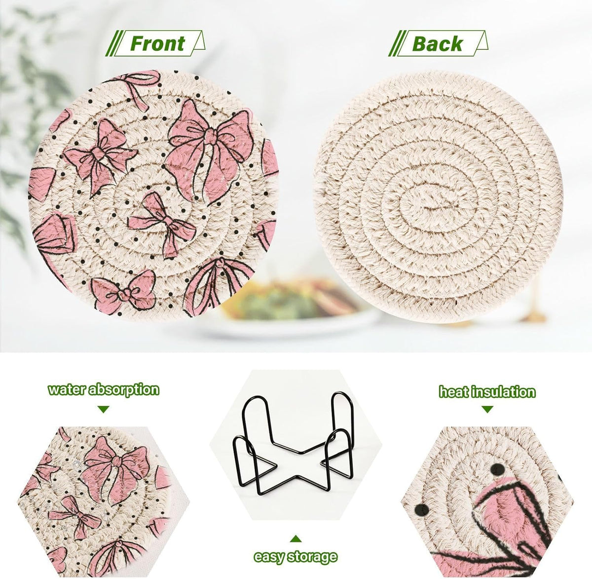 Bow Pink 6 Pcs Drink Coasters with Holder, Cotton Woven Absorbent Heat-Resistant Round Coaster Non-Slip Table Mat for Kitchen Bar Home Decor Housewarming Gift, 3.9 in