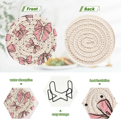 Bow Pink 6 Pcs Drink Coasters with Holder, Cotton Woven Absorbent Heat-Resistant Round Coaster Non-Slip Table Mat for Kitchen Bar Home Decor Housewarming Gift, 3.9 in