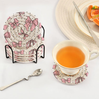 Bow Pink 6 Pcs Drink Coasters with Holder, Cotton Woven Absorbent Heat-Resistant Round Coaster Non-Slip Table Mat for Kitchen Bar Home Decor Housewarming Gift, 3.9 in