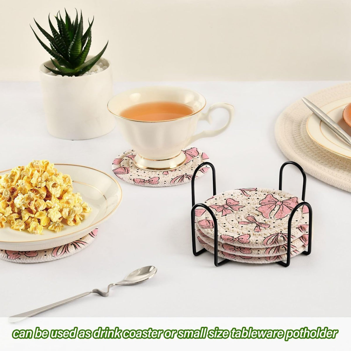 Bow Pink 6 Pcs Drink Coasters with Holder, Cotton Woven Absorbent Heat-Resistant Round Coaster Non-Slip Table Mat for Kitchen Bar Home Decor Housewarming Gift, 3.9 in