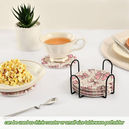 Bow Pink 6 Pcs Drink Coasters with Holder, Cotton Woven Absorbent Heat-Resistant Round Coaster Non-Slip Table Mat for Kitchen Bar Home Decor Housewarming Gift, 3.9 in