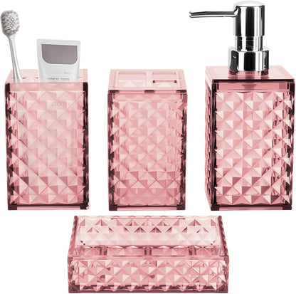 Bathroom Accessory Set, Grid Pattern 4 Pcs Plastic Bathroom Set, Pink