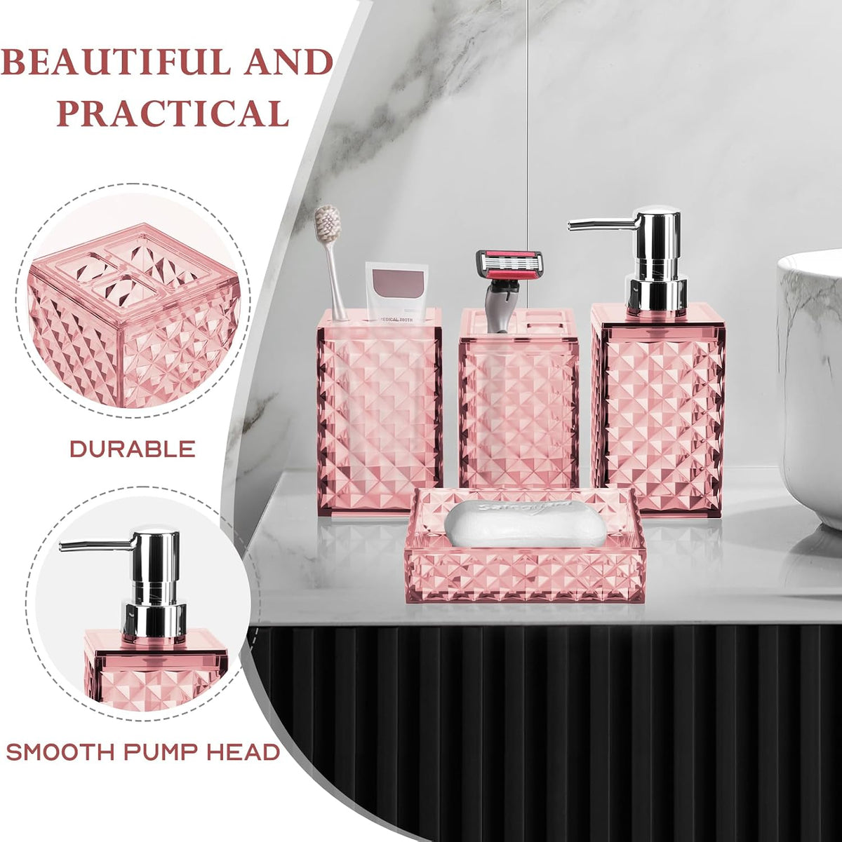 Bathroom Accessory Set, Grid Pattern 4 Pcs Plastic Bathroom Set, Pink