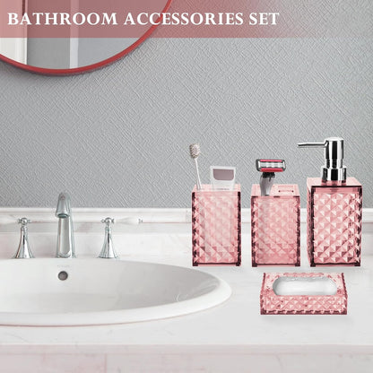 Bathroom Accessory Set, Grid Pattern 4 Pcs Plastic Bathroom Set, Pink