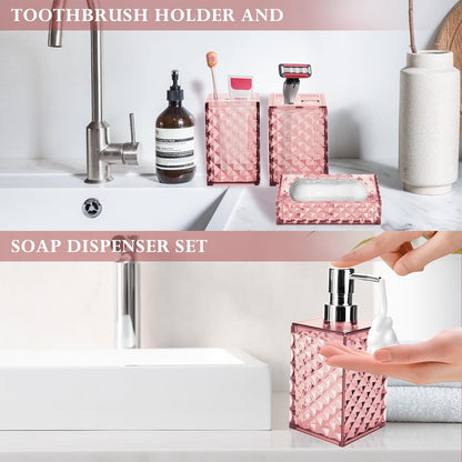 Bathroom Accessory Set, Grid Pattern 4 Pcs Plastic Bathroom Set, Pink