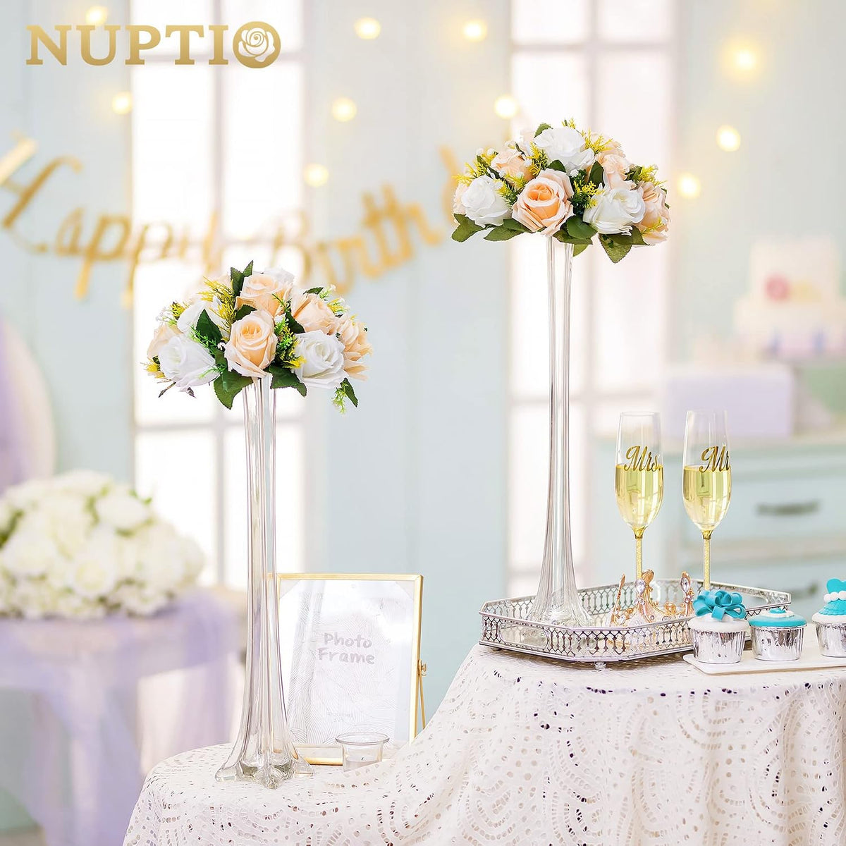 Flower Balls Wedding Table Centerpieces, Peachy Champagne & White