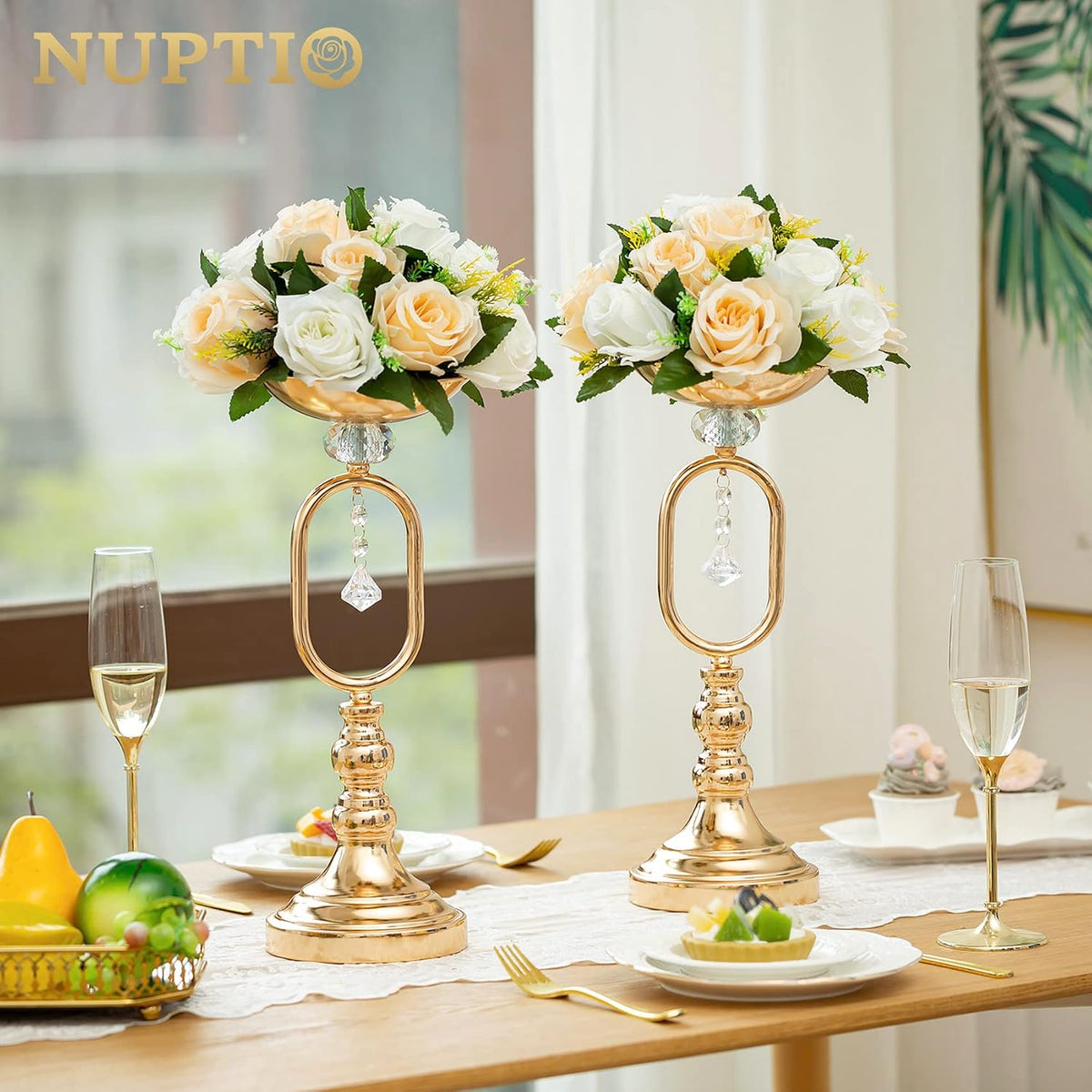 Flower Balls Wedding Table Centerpieces, Peachy Champagne & White