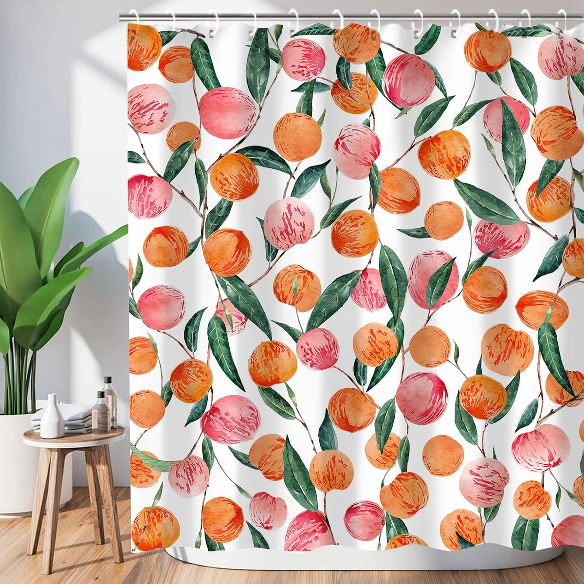 Pink Peach Shower Curtain Set Cute Watercolor Fruits Shower Curtains Waterproof Washable Shower Curtain 72"×72" with 12 Hooks Bathtubs Bathroom Accessories