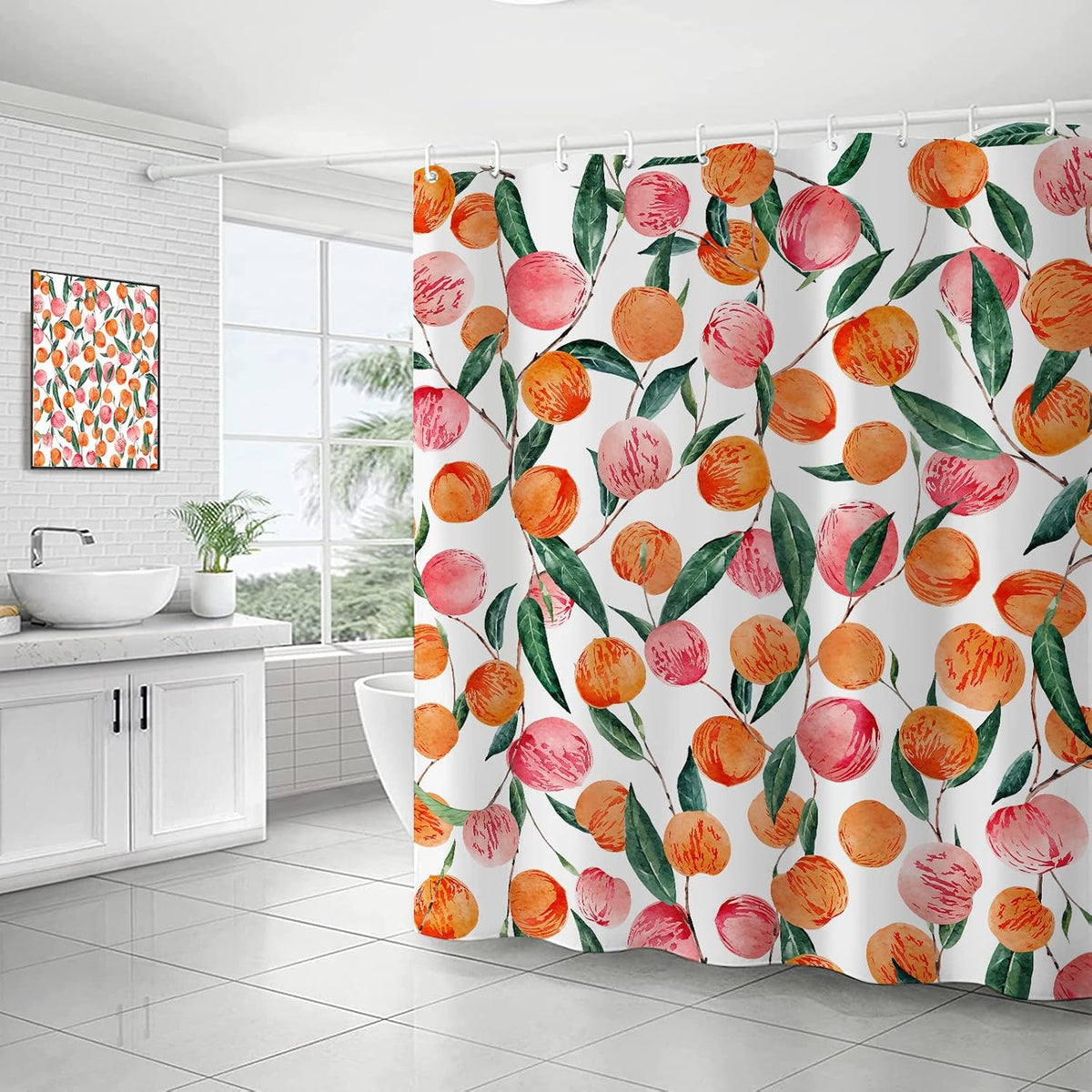 Pink Peach Shower Curtain Set Cute Watercolor Fruits Shower Curtains Waterproof Washable Shower Curtain 72"×72" with 12 Hooks Bathtubs Bathroom Accessories