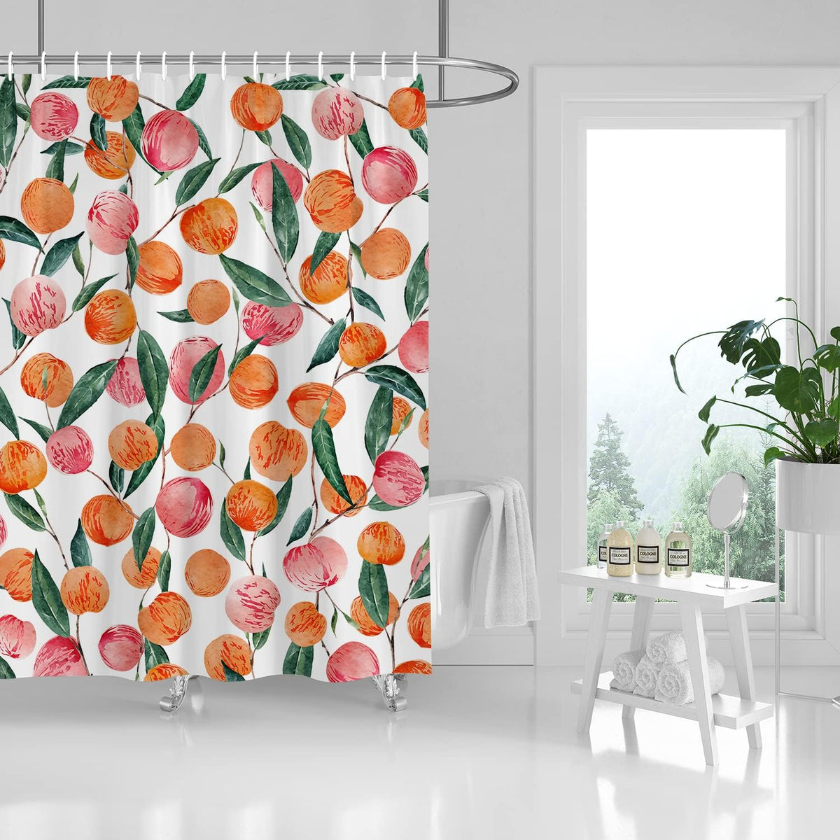 Pink Peach Shower Curtain Set Cute Watercolor Fruits Shower Curtains Waterproof Washable Shower Curtain 72"×72" with 12 Hooks Bathtubs Bathroom Accessories