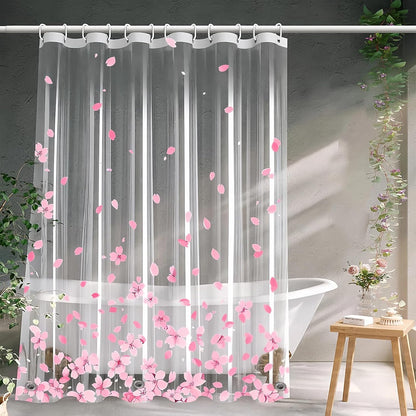 Clear Pink Floral Shower Curtain Liner, Cute Plastic Transparent Cherry Blossom Shower Curtain, Girly Flower Petals Spring Shower Curtains for Bathroom, 72x72 Shower Curtain Set with Magnets 12 Hooks