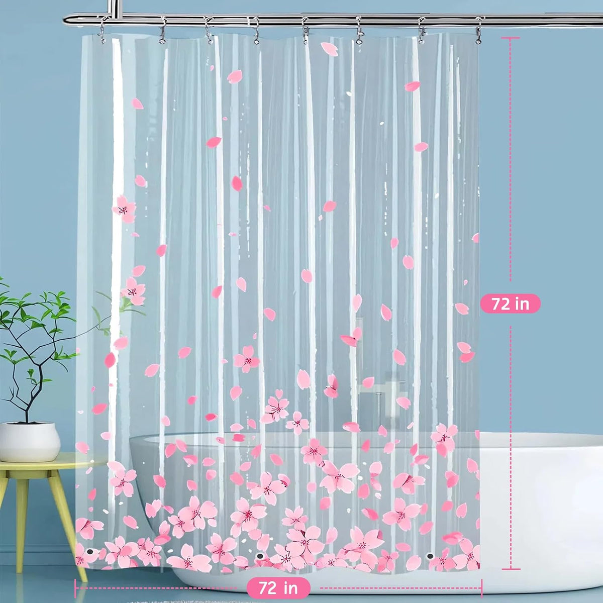 Clear Pink Floral Shower Curtain Liner, Cute Plastic Transparent Cherry Blossom Shower Curtain, Girly Flower Petals Spring Shower Curtains for Bathroom, 72x72 Shower Curtain Set with Magnets 12 Hooks