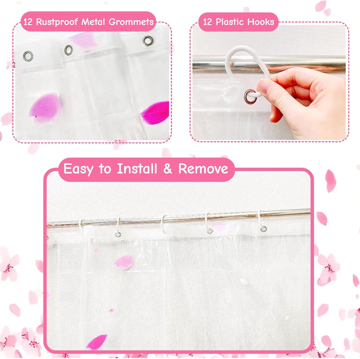 Clear Pink Floral Shower Curtain Liner, Cute Plastic Transparent Cherry Blossom Shower Curtain, Girly Flower Petals Spring Shower Curtains for Bathroom, 72x72 Shower Curtain Set with Magnets 12 Hooks