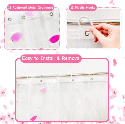 Clear Pink Floral Shower Curtain Liner, Cute Plastic Transparent Cherry Blossom Shower Curtain, Girly Flower Petals Spring Shower Curtains for Bathroom, 72x72 Shower Curtain Set with Magnets 12 Hooks