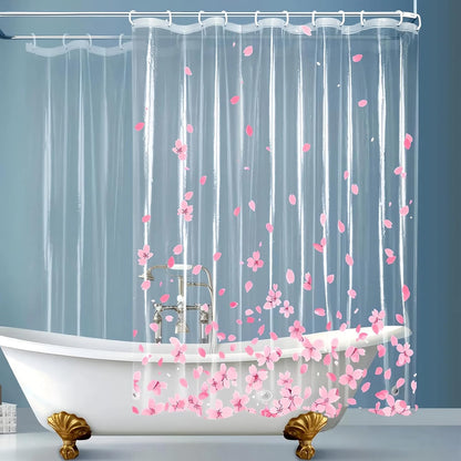 Clear Pink Floral Shower Curtain Liner, Cute Plastic Transparent Cherry Blossom Shower Curtain, Girly Flower Petals Spring Shower Curtains for Bathroom, 72x72 Shower Curtain Set with Magnets 12 Hooks