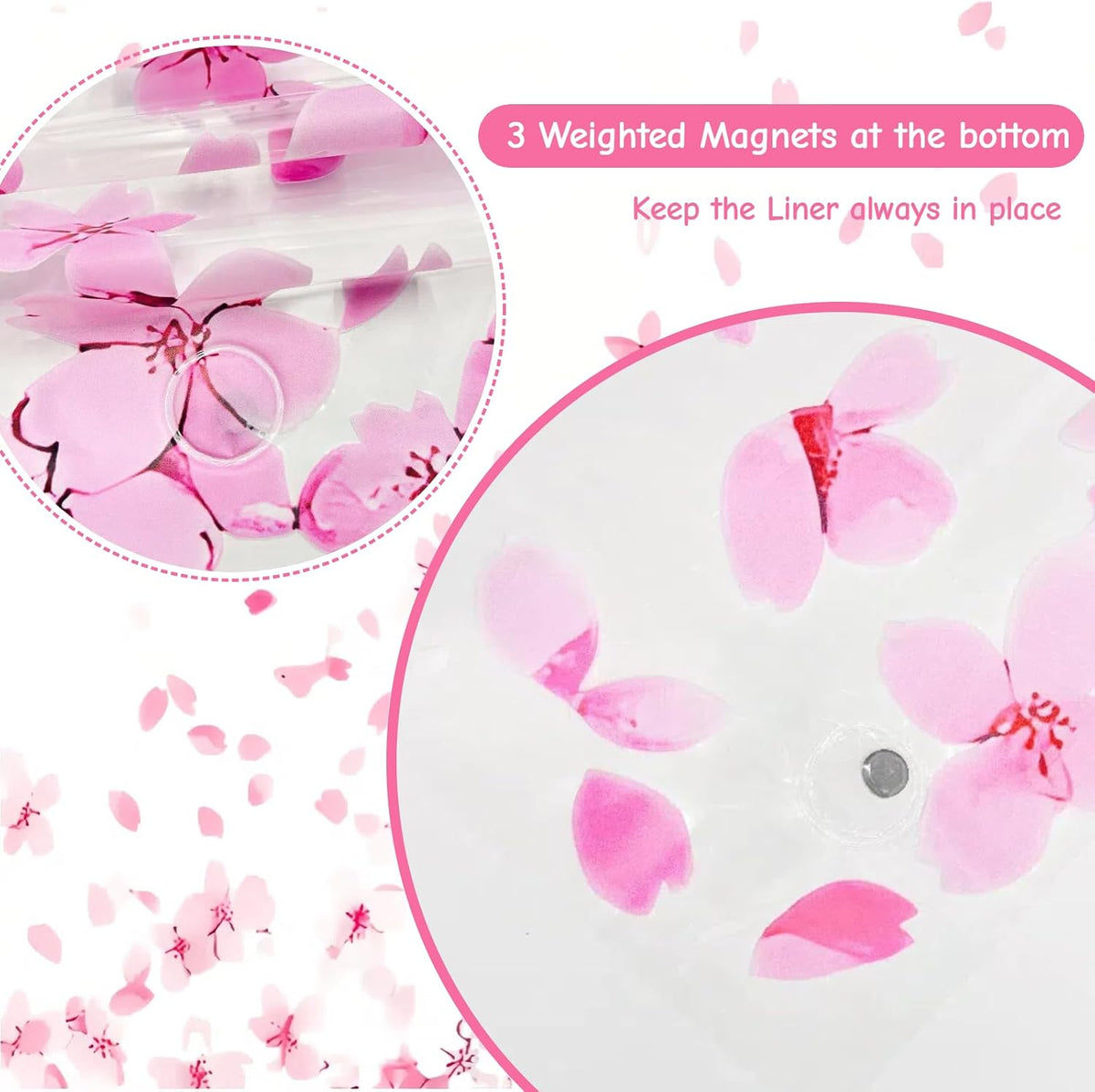 Clear Pink Floral Shower Curtain Liner, Cute Plastic Transparent Cherry Blossom Shower Curtain, Girly Flower Petals Spring Shower Curtains for Bathroom, 72x72 Shower Curtain Set with Magnets 12 Hooks