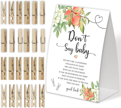 White Floral Peach Don't Say Baby Game for Baby Shower, Pack of One 5x7 Sign and 50 Mini Natural Clothespins, Sweet Peach Baby Shower Decoration, Gender Neutral Party Supplies - SC24