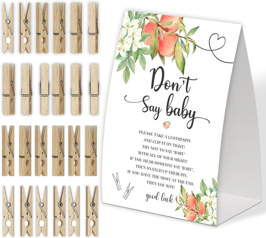 White Floral Peach Don't Say Baby Game for Baby Shower, Pack of One 5x7 Sign and 50 Mini Natural Clothespins, Sweet Peach Baby Shower Decoration, Gender Neutral Party Supplies - SC24