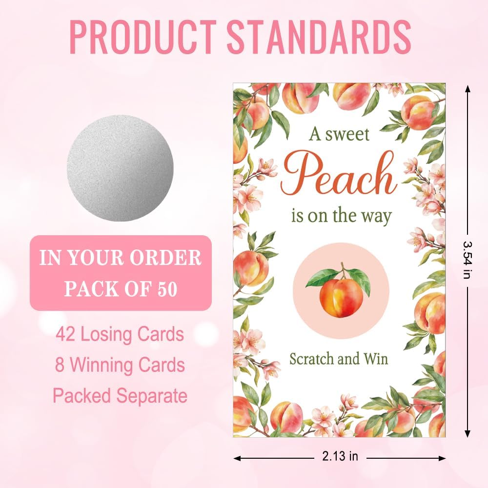 50 Pack A Sweet Peach Is On The Way Scratch Off Game Cards, Sweet Peach Baby Shower Games Scratch Off Games Cards for Diaper Raffle Game Baby Christening Baby Sprinkle Gender Reveal Party