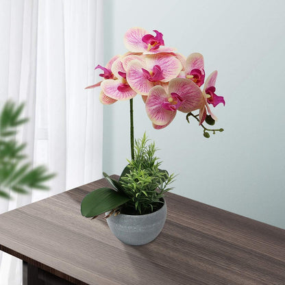 Artificial Orchid Flower in Grey Pot, 16 inch Faux Pink Orchid Real Touch Fake Phalaenopsis Bonsai for Office Home Wedding Party Indoor Decor (Pink 1)