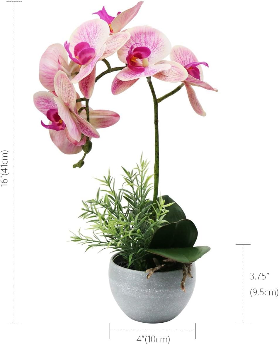 Artificial Orchid Flower in Grey Pot, 16 inch Faux Pink Orchid Real Touch Fake Phalaenopsis Bonsai for Office Home Wedding Party Indoor Decor (Pink 1)