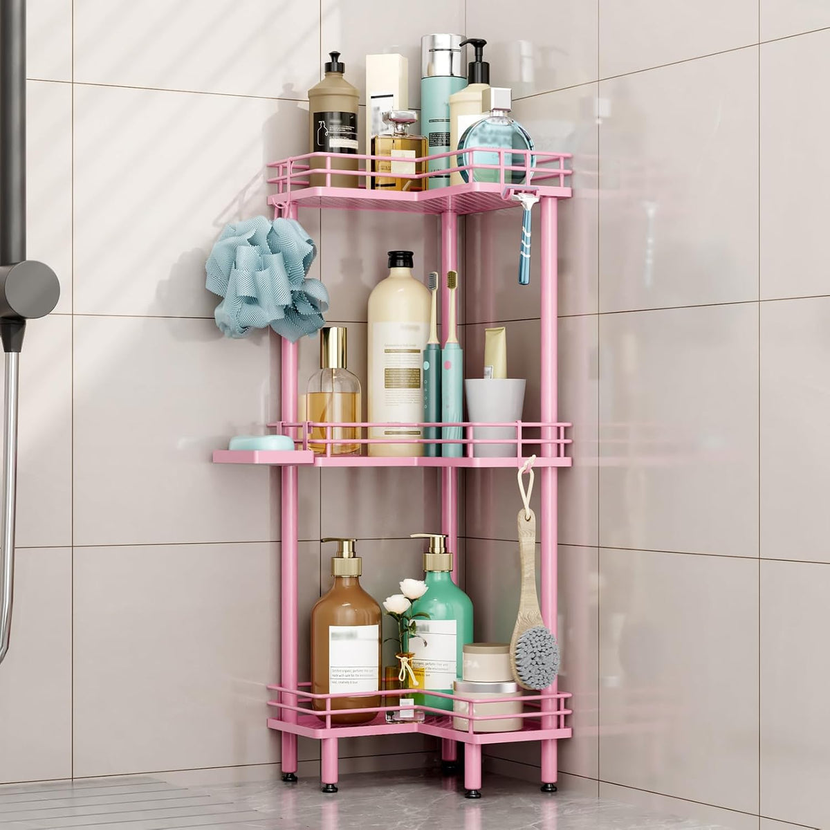 Corner Shower Caddy Standing - 3 Tier Shower Organizer Corner with Soap Holder, Rustproof Bathroom Standing Organizer with 4 Hooks, Pink