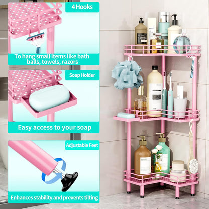 Corner Shower Caddy Standing - 3 Tier Shower Organizer Corner with Soap Holder, Rustproof Bathroom Standing Organizer with 4 Hooks, Pink