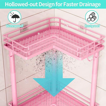 Corner Shower Caddy Standing - 3 Tier Shower Organizer Corner with Soap Holder, Rustproof Bathroom Standing Organizer with 4 Hooks, Pink