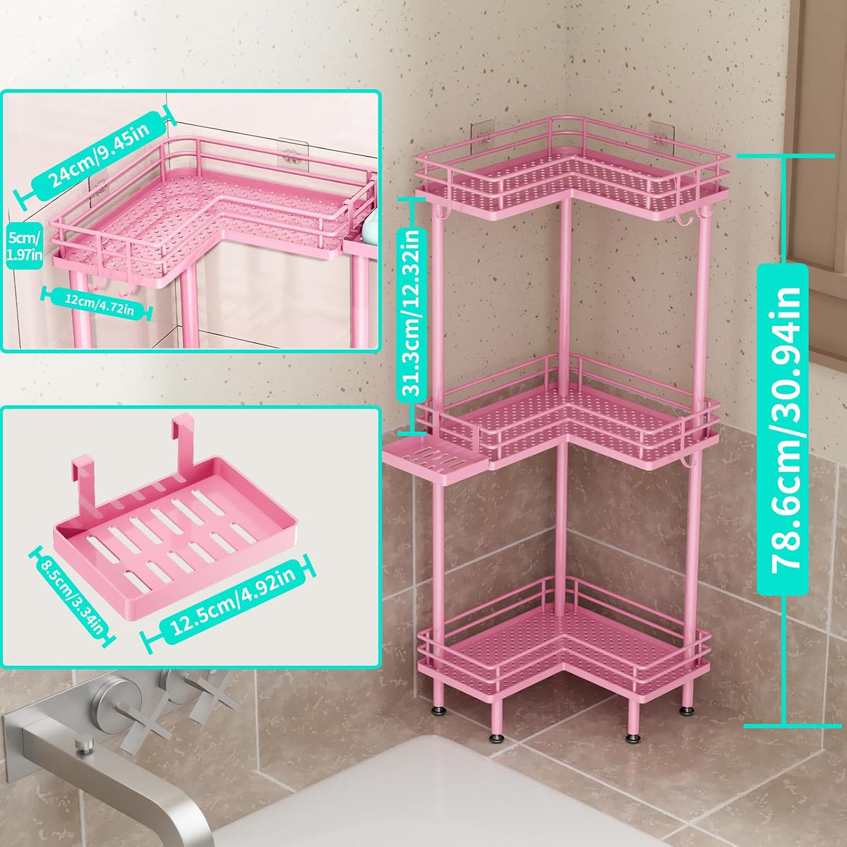 Corner Shower Caddy Standing - 3 Tier Shower Organizer Corner with Soap Holder, Rustproof Bathroom Standing Organizer with 4 Hooks, Pink