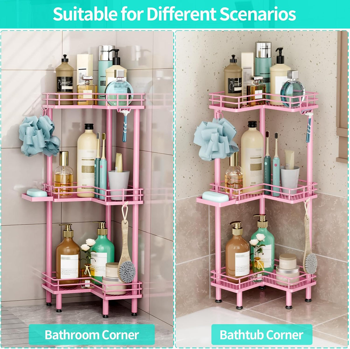 Corner Shower Caddy Standing - 3 Tier Shower Organizer Corner with Soap Holder, Rustproof Bathroom Standing Organizer with 4 Hooks, Pink