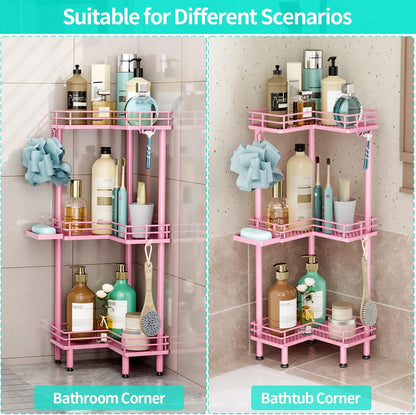 Corner Shower Caddy Standing - 3 Tier Shower Organizer Corner with Soap Holder, Rustproof Bathroom Standing Organizer with 4 Hooks, Pink