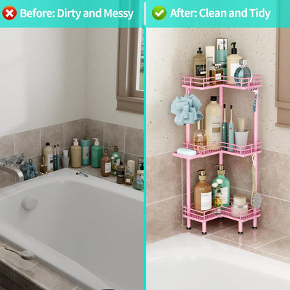 Corner Shower Caddy Standing - 3 Tier Shower Organizer Corner with Soap Holder, Rustproof Bathroom Standing Organizer with 4 Hooks, Pink