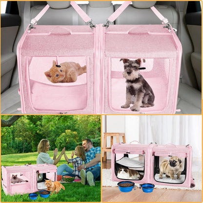 Extra Large Cat Carrier for 2 Cats with Travel Litter Box, 2-in-1 Foldable Soft Pet Car Travel Carrier with Zipper Locks for Multiple Cats Small Dogs Up to 45 Lbs, Pink