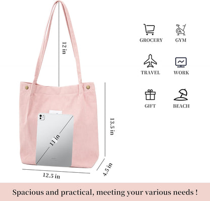 Cute Corduroy Tote Bag Canvas Shoulder Handbags for Women Travel Shopping