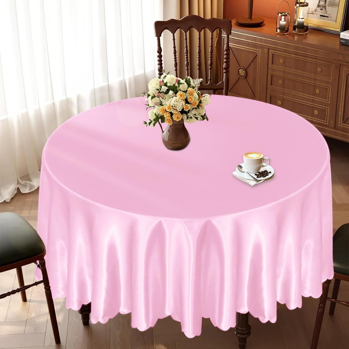 1 Pack 60 Inch / 5ft Round Satin Tablecloth, Light Pink