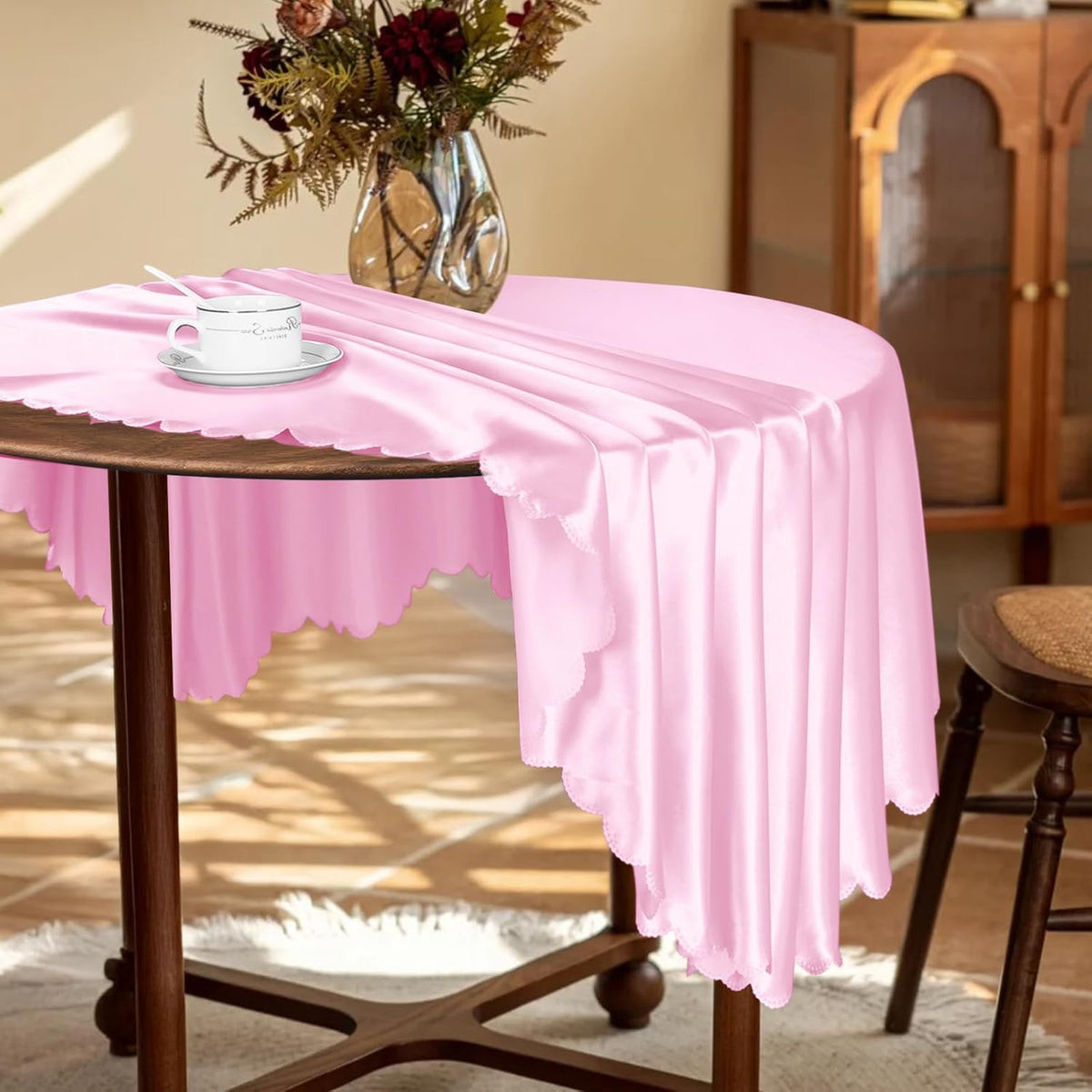 1 Pack 60 Inch / 5ft Round Satin Tablecloth, Light Pink