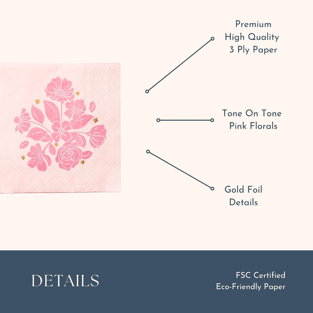 Light Pink Floral Cocktail Napkins, Pack of 20, 5"