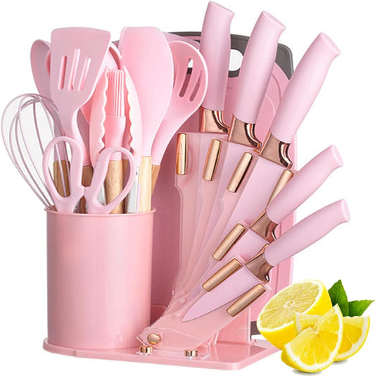 19 Pieces Kitchen Cooking Utensils and Knife Set with Holder Block, Include 11 Pcs Silicone Cooking Utensils 5 Pcs Sharp Stainless Steel Knives Scissors Whisk Tongs and Cutting Board (PINK)