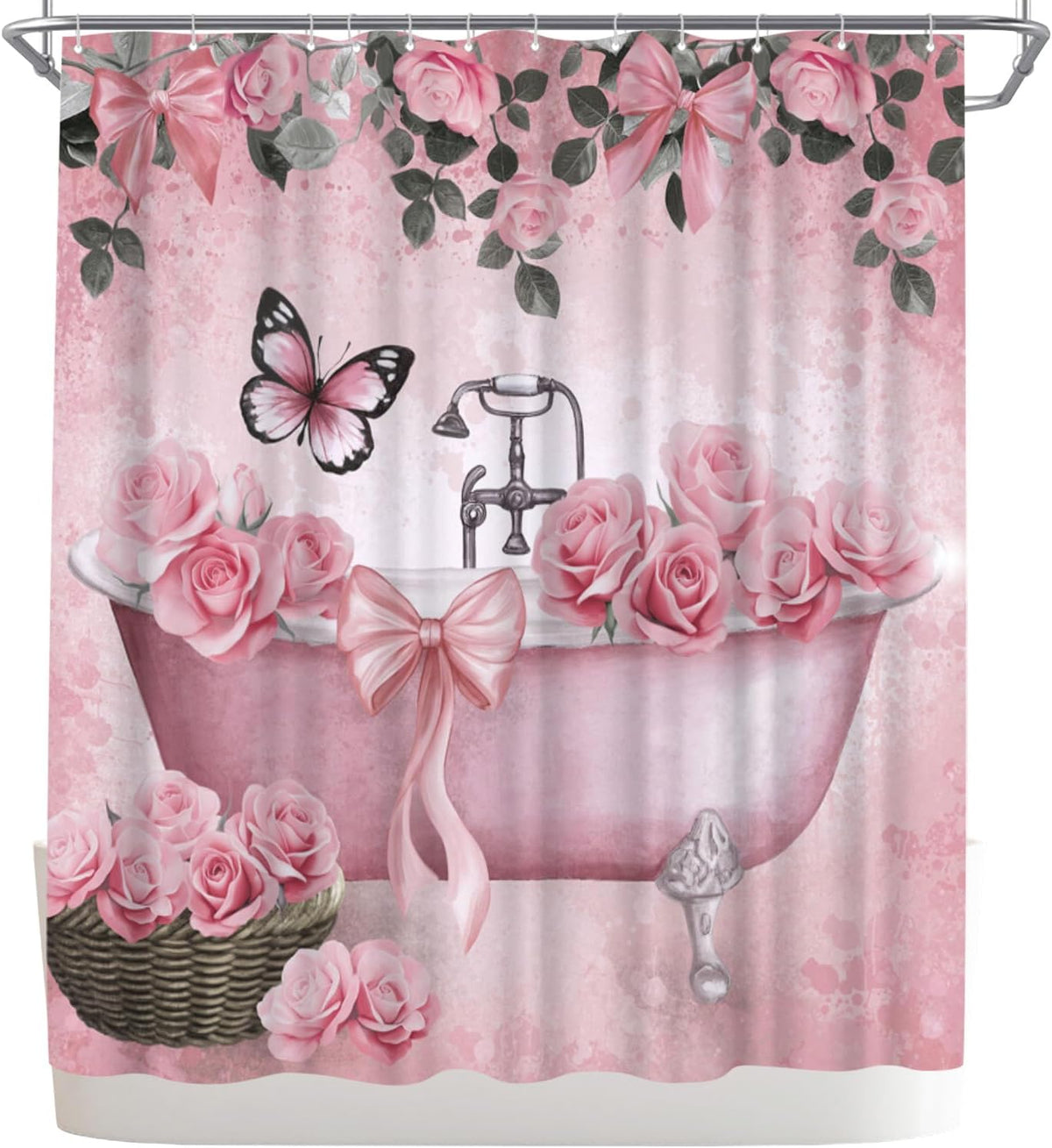 Bow Shower Curtain Rose Flower Butterfly Bathtub Painting Printed Cute Bows Polyester Fabric Bathroom Decor Curtain, 72x72inch with Hooks (Pink)