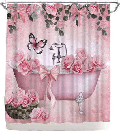 Bow Shower Curtain Rose Flower Butterfly Bathtub Painting Printed Cute Bows Polyester Fabric Bathroom Decor Curtain, 72x72inch with Hooks (Pink)