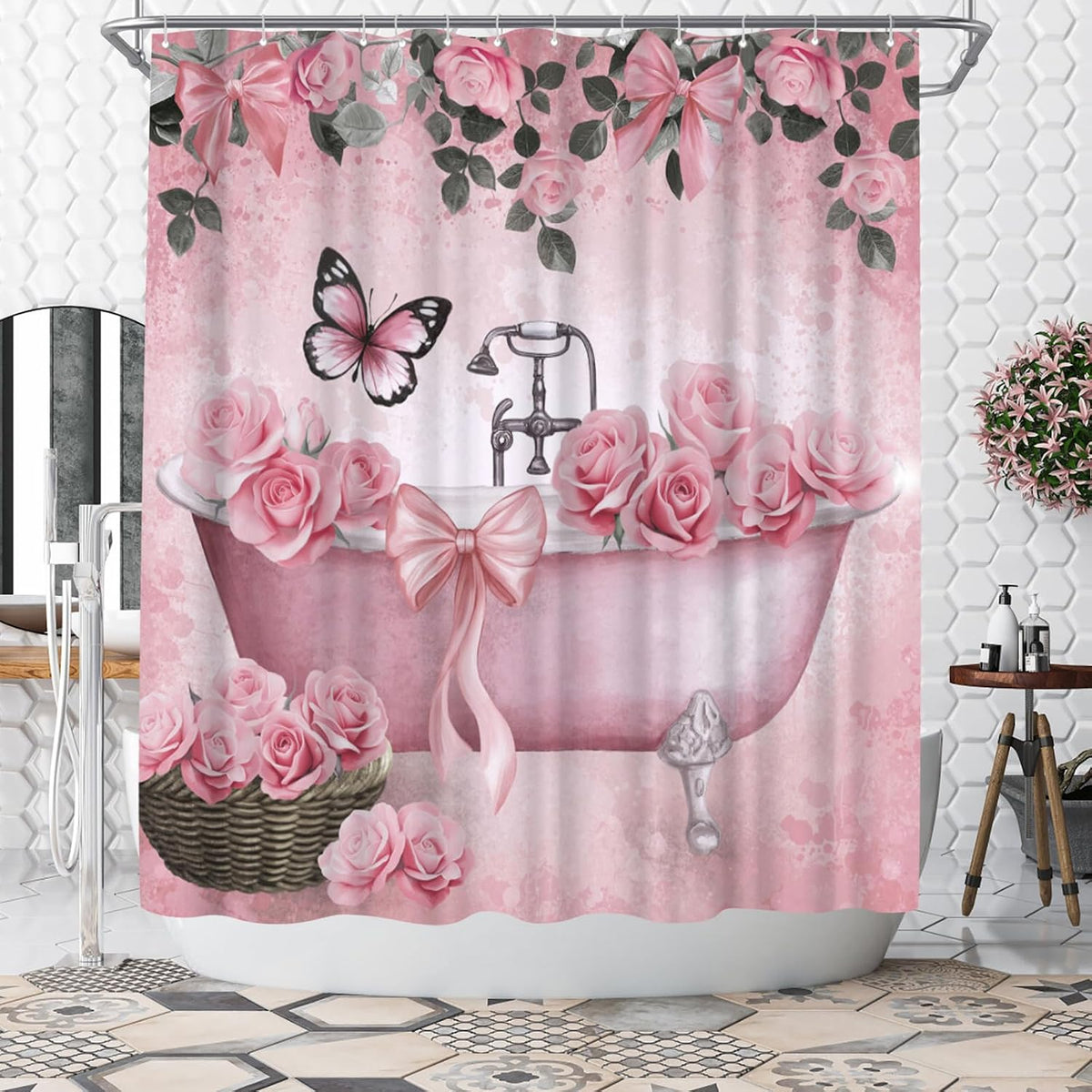 Bow Shower Curtain Rose Flower Butterfly Bathtub Painting Printed Cute Bows Polyester Fabric Bathroom Decor Curtain, 72x72inch with Hooks (Pink)