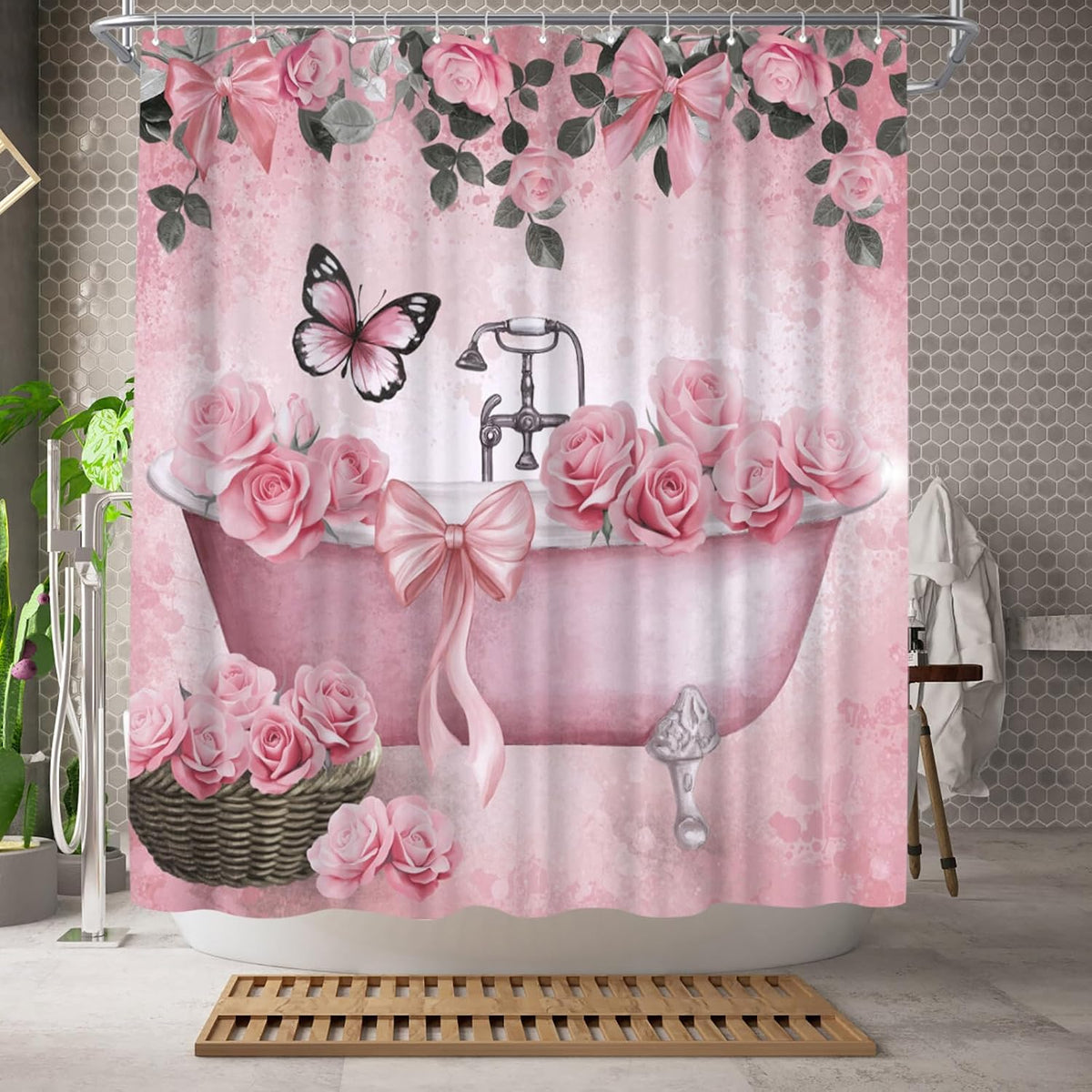 Bow Shower Curtain Rose Flower Butterfly Bathtub Painting Printed Cute Bows Polyester Fabric Bathroom Decor Curtain, 72x72inch with Hooks (Pink)