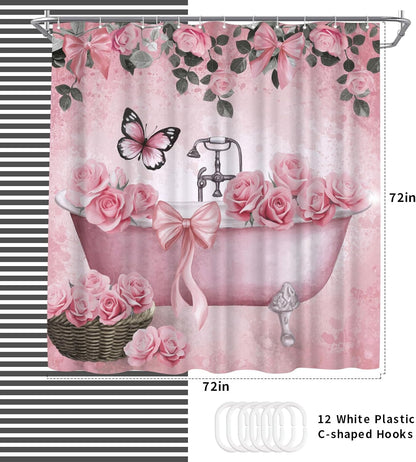 Bow Shower Curtain Rose Flower Butterfly Bathtub Painting Printed Cute Bows Polyester Fabric Bathroom Decor Curtain, 72x72inch with Hooks (Pink)