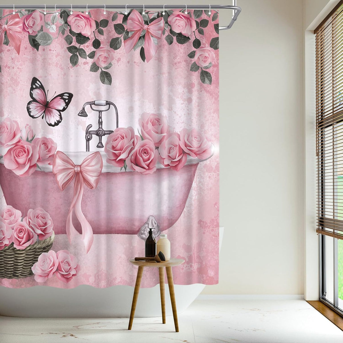 Bow Shower Curtain Rose Flower Butterfly Bathtub Painting Printed Cute Bows Polyester Fabric Bathroom Decor Curtain, 72x72inch with Hooks (Pink)