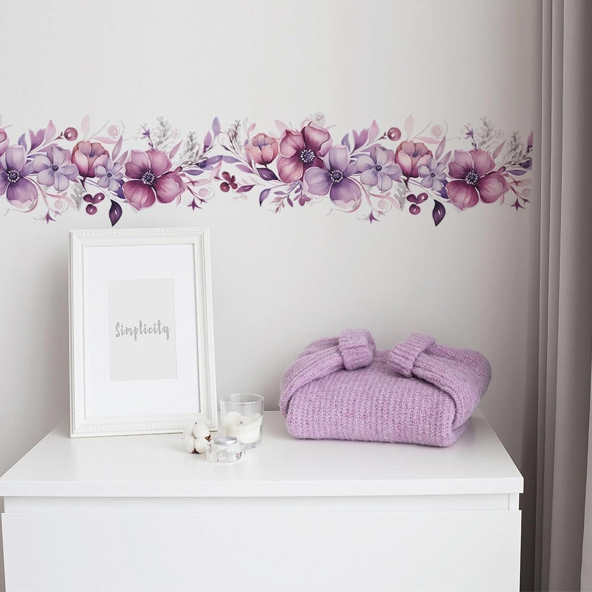 Romantic Purple-Pink Flower Vine Wall Stickers Floral Wall Decals