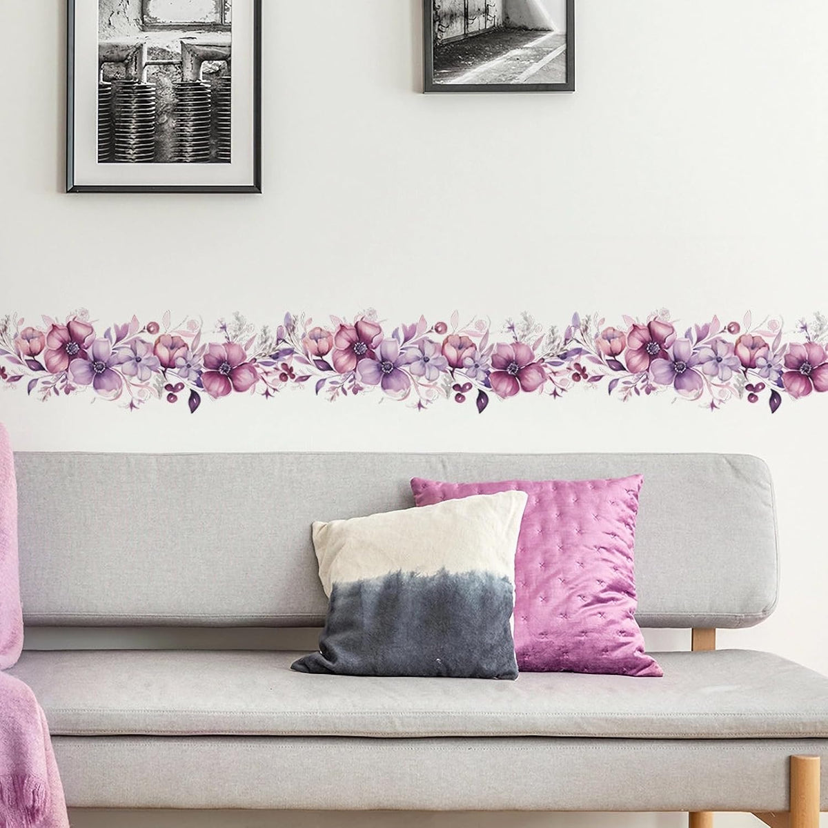 Romantic Purple-Pink Flower Vine Wall Stickers Floral Wall Decals