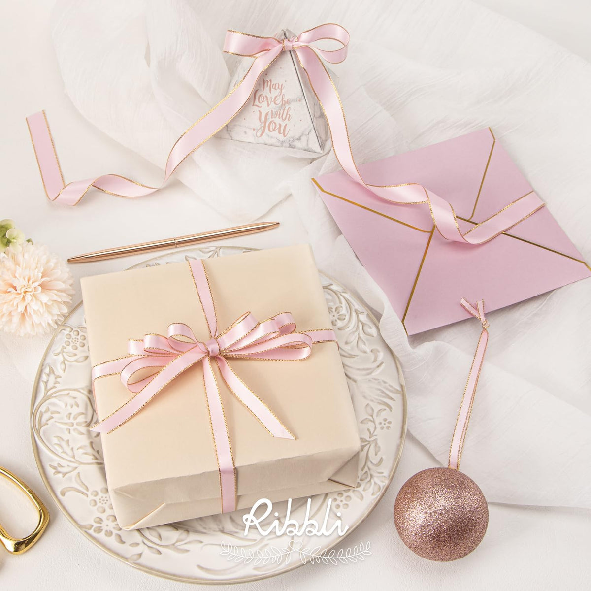 Light Pink Satin Ribbon with Gold Edge,Double Faced Satin 5/8 Inch x Continuous 25 Yards,Baby Pink Ribbon Use for Crafts, Gift Wrapping, Wedding Card Decoration